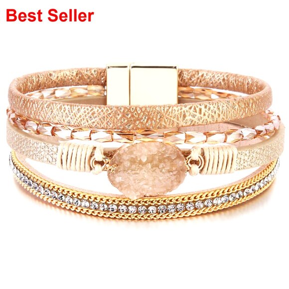 Faux Leather Wrap Bracelet with Crystal Beads and Magnetic Clasp - Picture 1 of 7